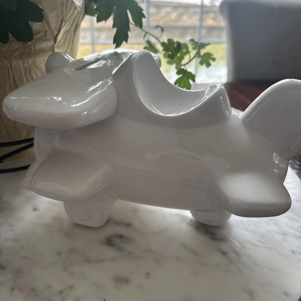 Large White Ceramic Airplane Piggy Bank – Modern Aviation Nursery Decor Gift